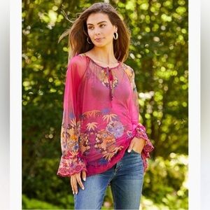 BIYA Johnny Was Mazzy Floral Print Embroidered Mesh Pink Peasant Blouse